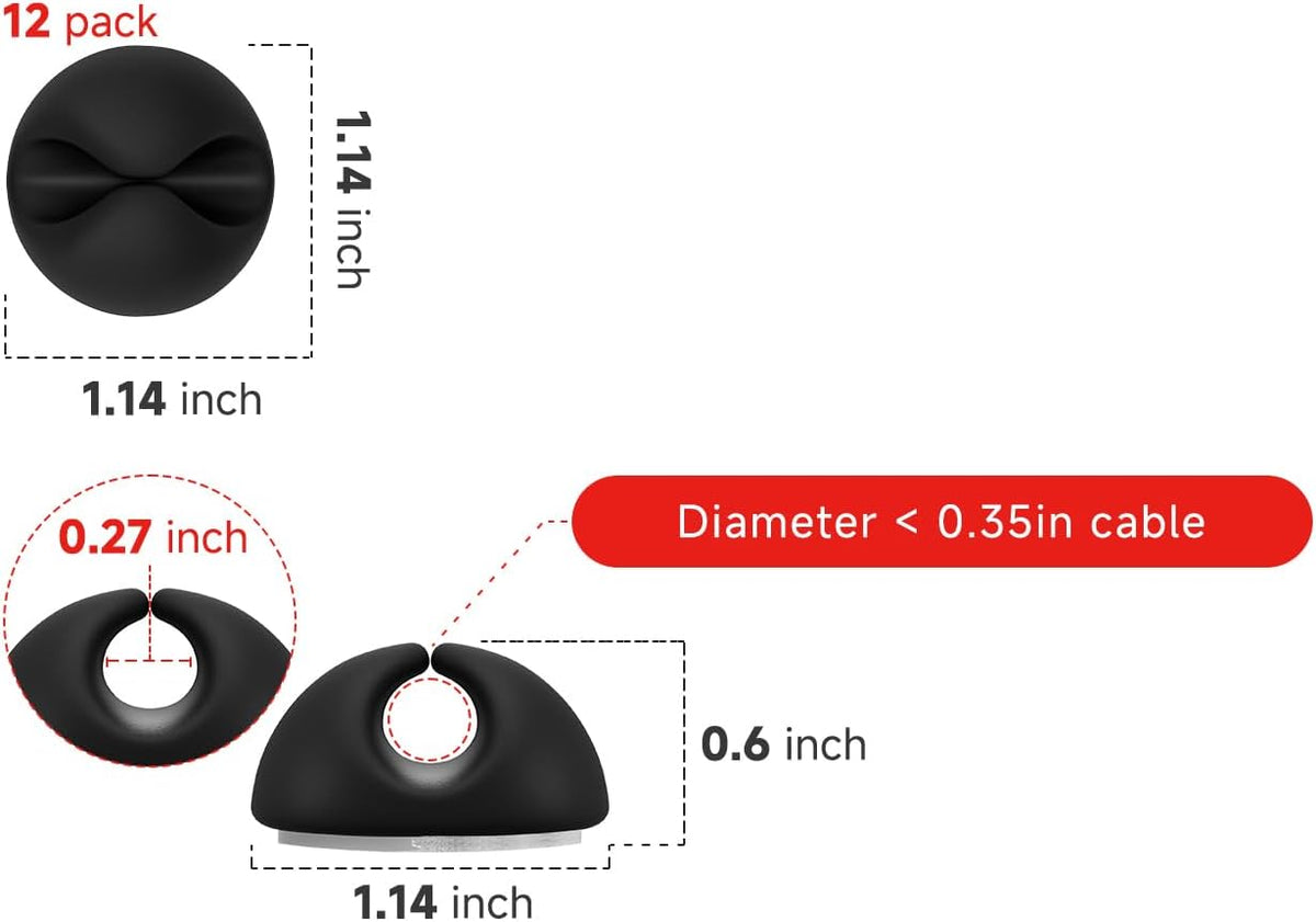 Black Adhesive Cable Clips, Pack of 12