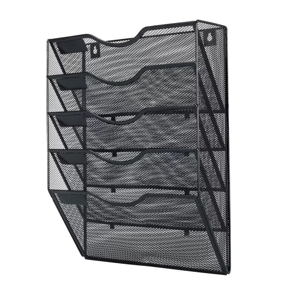 Black Metal Mesh Five-Pocket Wall File Organizer