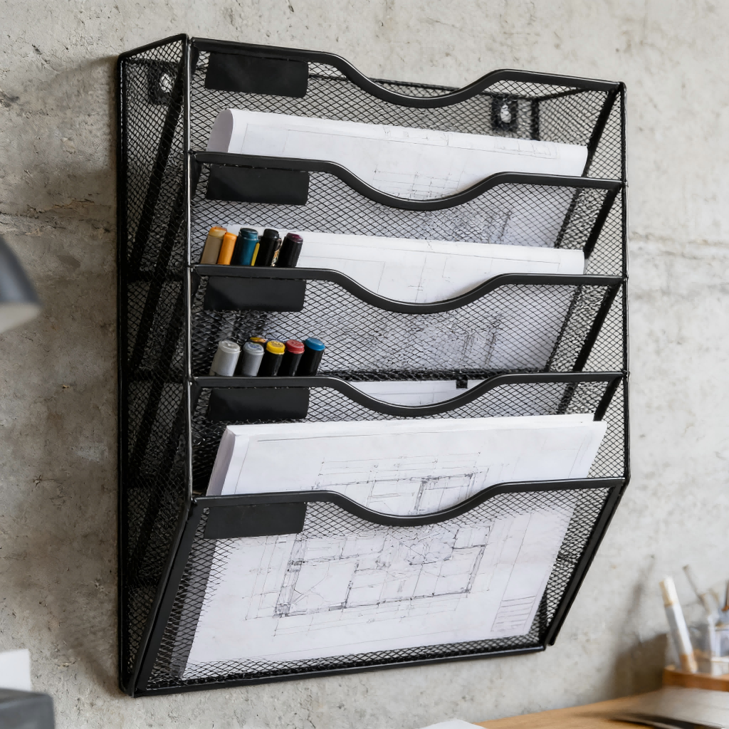 Black Metal Mesh Five-Pocket Wall File Organizer
