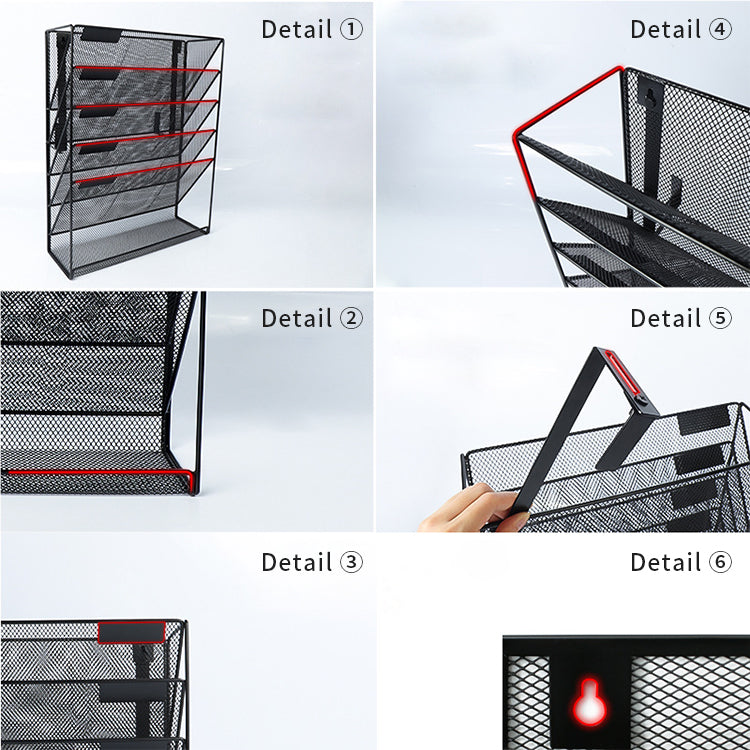 Black Five-Pocket Metal Mesh File Rack