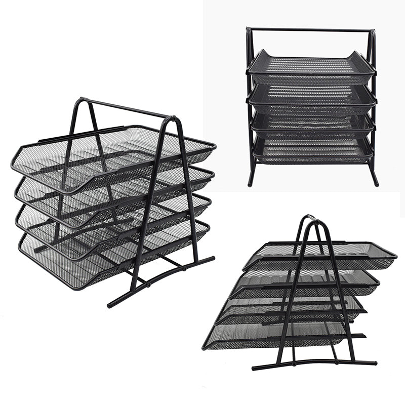 Black Four-Tier Metal Mesh File Tray