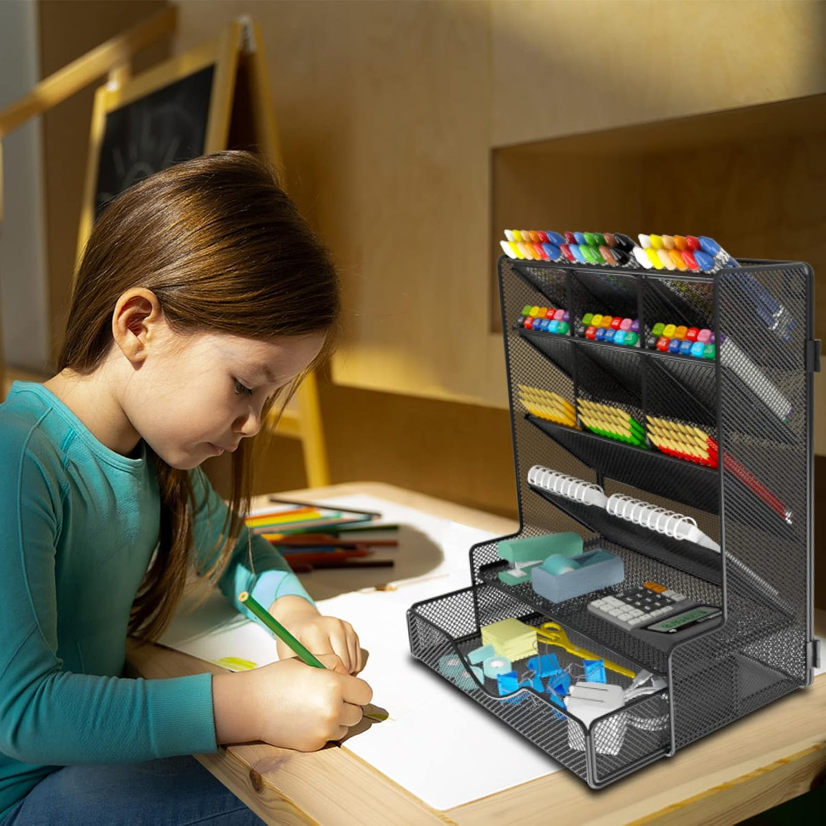 Black Mesh Pen Organizer with Drawer
