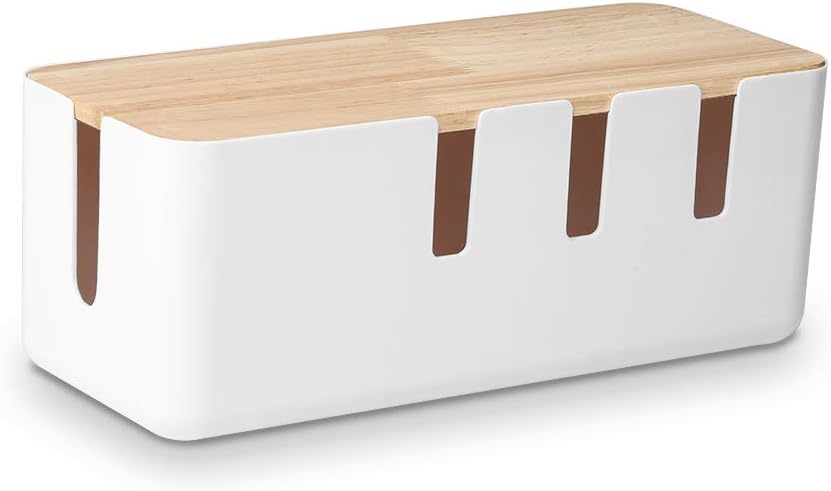 White Cable Management Box with Wood-Style Lid