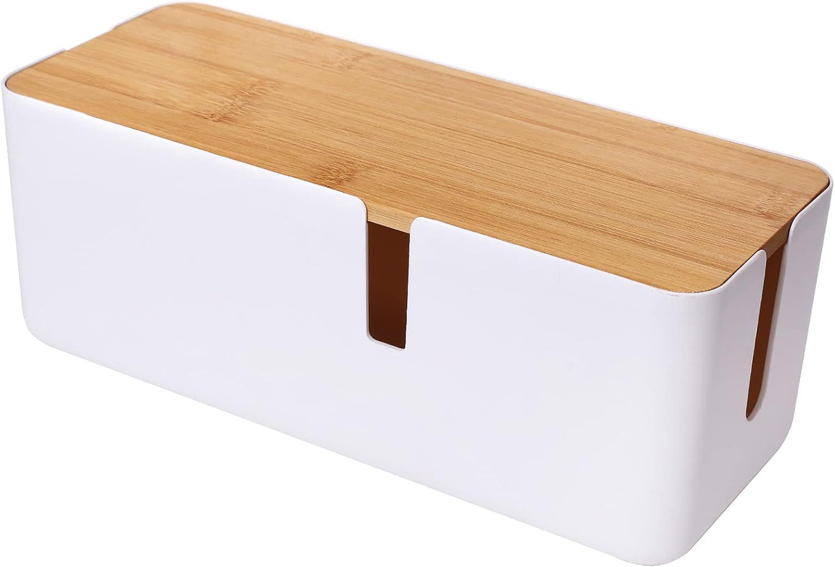 White Cable Management Box with Bamboo Lid
