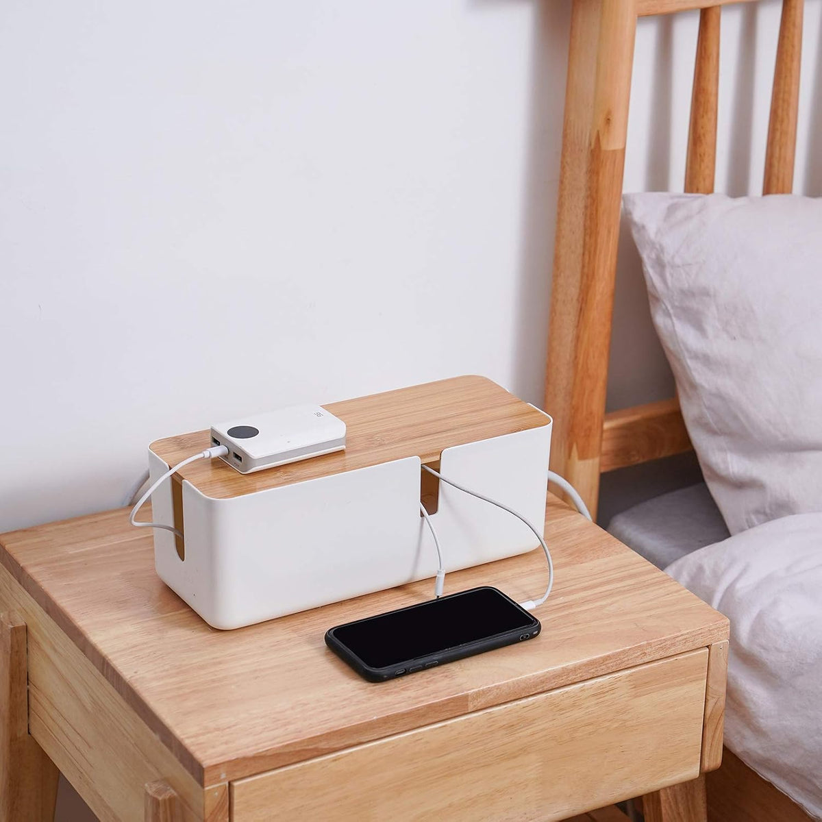 White Cable Management Box with Bamboo Lid