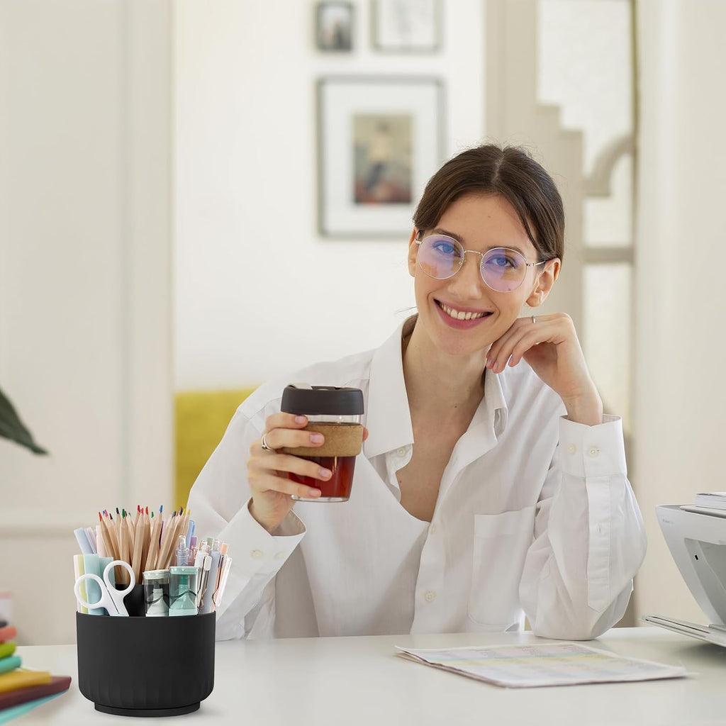 Black Five-Compartment Rotating Pen Holder