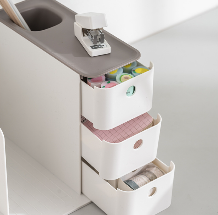 Gray Three-Drawer Desktop Organizer with File Slots