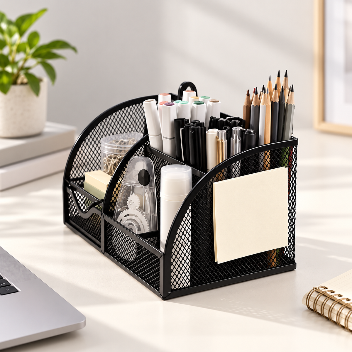 Black Seven-Compartment Mesh Desk Organizer